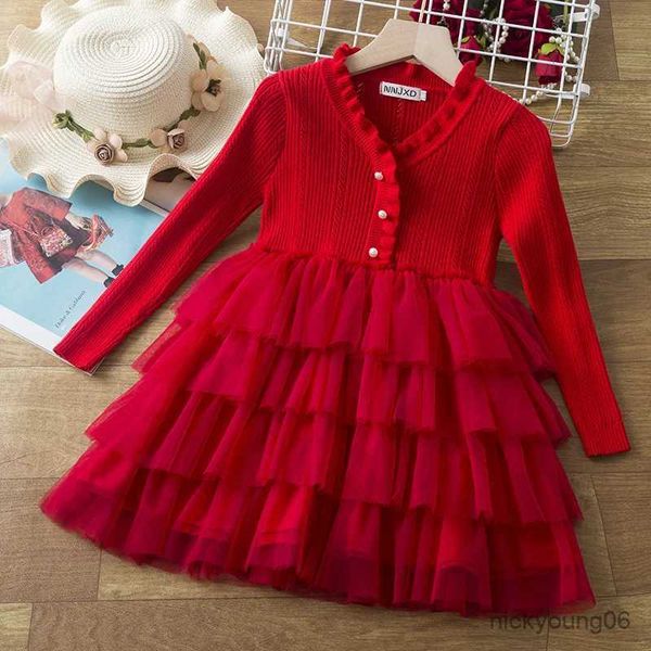 Robes de fille Robe de soirée rouge pour fille automne/hiver chaud tricot à manches longues gâteau d'anniversaire vêtements enfants nouvel an Costume de noël robe pour tout-petits