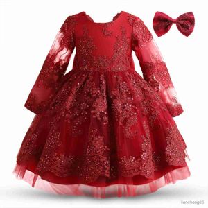 Robes de fille Robe de soirée rouge pour enfant en bas âge fille enfant bébé Noël broderie florale costume de bal infantile un an anniversaire tissu R231031