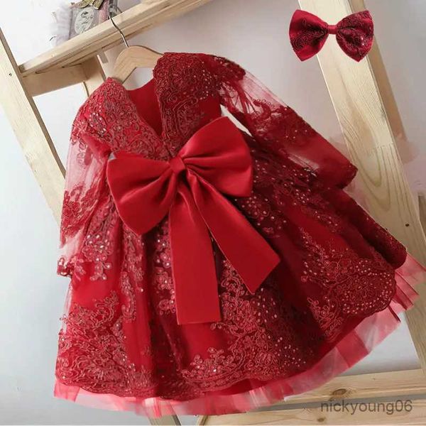 Robes de fille Robe de princesse rouge pour enfant en bas âge fille enfant bébé bébé broderie florale bal tutu costume infantile un an anniversaire tissu