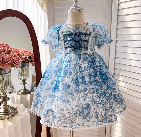 Robes de fille détail bébé filles été Lolita bleu imprimé robe princesse enfants Swee robe de soirée vacances 2-7 T 230615