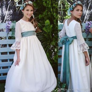 Girl's jurken Romantisch Frans kantbloemmeisje 2022 Vestidos primera comunion para ninas 3/4 lange mouwen juweel nek verschillende colorg