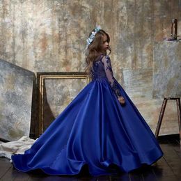 Girl's jurken Royal Blue Lace Appliqued Flower Girl For Wedding kralen Toddler Pageant -jurken Satin Long Sleeves Kids Prom Dressgirl's Girl '