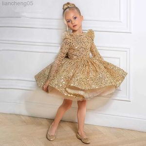 Robes de fille Sequin enfants robe pour filles mariage doré tulle dentelle fille robe élégante princesse fête Pageant robe formelle pour baptême venir W0221