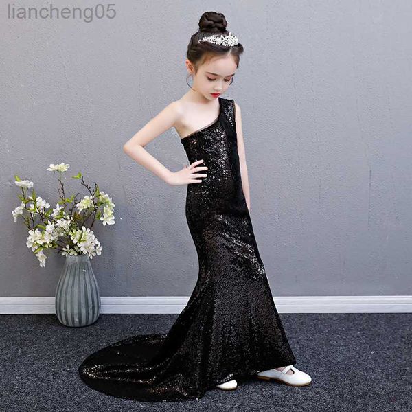 Robes de fille sequin sirène robe âge pour adolescentes une épaule vintage noble robes de graduation soirée enfants robes L0227 W0314