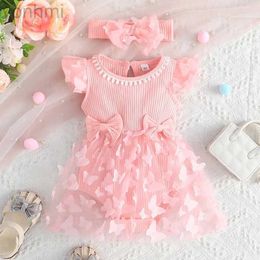 Robes de fille Robe set pour enfants 0-18 mois d'anniversaire d'anniversaire rose papillon manche en tulle