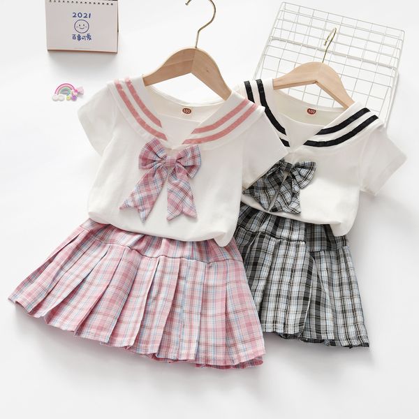 Ensembles de robes pour filles mode filles été princesse Plaid jupe costume enfants école Style uniforme plissé deux pièces ensemble