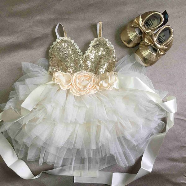 Robes de fille Robe de filles de fleur brillante pour enfants robe de fête de Noël robe de tutu en couches de paillettes d'or vêtements de robe de nouvel an pour enfants