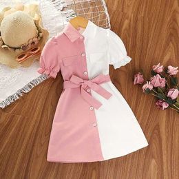 Vestidos de niña Vestido de camisa para 4-7 años para niños Patchwork rosa y blanco Vestido de manga corta Baby Baby Girls Style Summer Townl2404