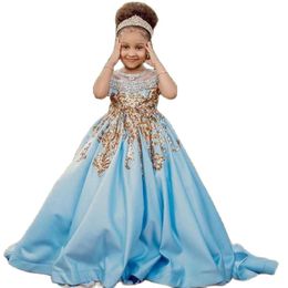 Girl's jurken Sky Blue Satin Aline Toddler Flower Girl Golden Pailles kralen Princess Communion Birthday Pageant Robe de Demoisellegirl's