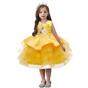 Robes De Fille Sans Manches Jaune Couches Belles Robes D'anniversaire De Bébé Pour Enfants Moelleux Col En V Fleur Petit Enfant Vêtements Au Genou 2-8 AnsHKD230712