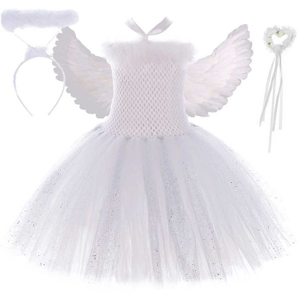 Robes de fille Sparkly Pure White Angel Tutu Dress Feather Wing Wands Outfits Fantaisie Enfants Robes Costume d'ange pour filles Vêtements de fête d'anniversaireHKD230712