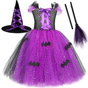 Vestidos de niña Disfraces de Halloween de bruja brillante para niñas Vestido largo de tutú de murciélago negro morado para niños Traje de cosplay de carnaval con sombrero de escoba 231005