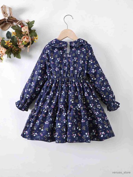 Robes de fille printemps et automne fille robe ronde cou de coule à manches longues motif de fleurs à manches enveloppées robe gonflée mode pour les enfants