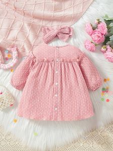 Girl's jurken lente en herfstmeisjes jurken met boogknoop ronde nek lange mouw roze puff puff rok modieus en schattige baby baby peuter