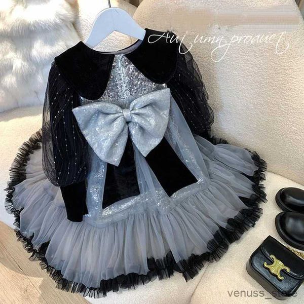 Robes de fille Printemps Automne Fille Gaze Bowknot Robe À Paillettes Vêtements Enfants Peter Pan Collier Princesse Mode Mince Tutu Robes pour Enfant