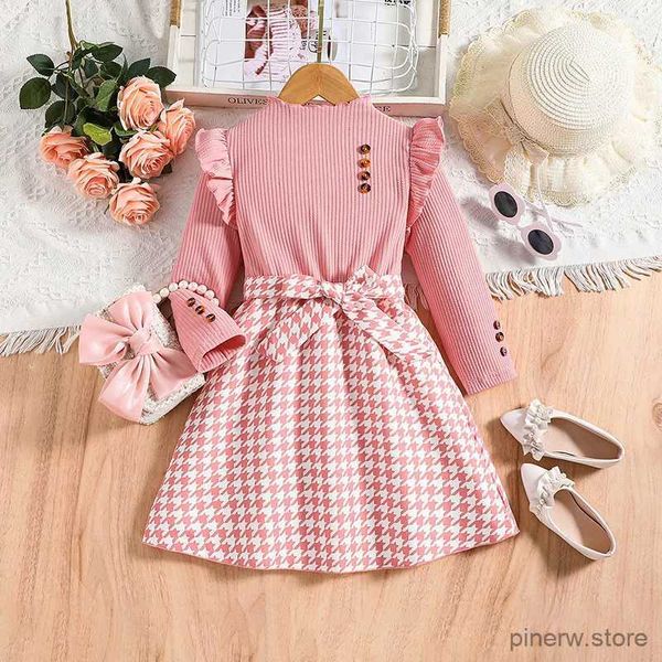 Vestidos de niña Primavera Otoño Nuevo vestido Niños Niñas 4-7 años Niñas Niñas Punto rosa Patchwork Vestido a cuadros Estilo preppy Dulce Ropa casual