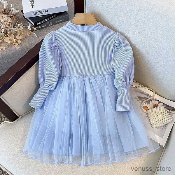 Vestidos de niña Spring Autumn Sweet Solid Fox Strip Long manga larga Diamantes Diamantes Poschwork Lacinada de encaje Ancho Onk Midi Vestido