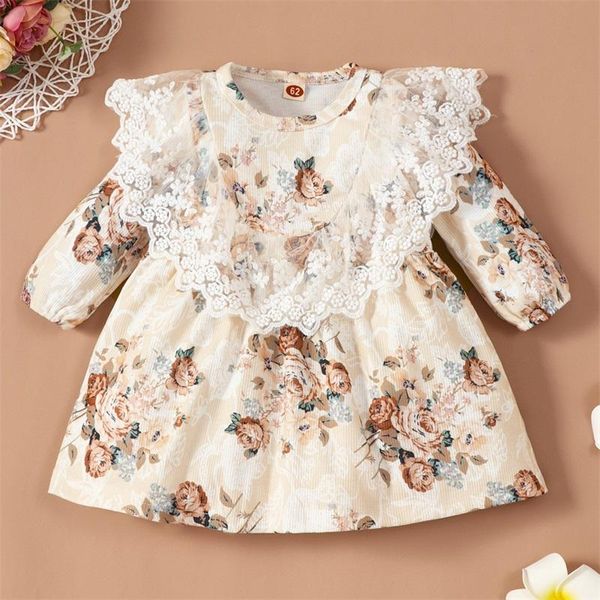 Vestidos de niña Primavera Bebé Niñas Vestido de princesa Cuello de encaje de manga completa para niños Ropa floral para niños