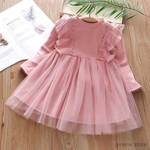 Robes de fille Printemps Enfants Vêtements Filles Solide Doux Princesse Style Robe À Manches Longues Enfant Enfant Mode Saree Robe De Soirée Tutu Costume 2-9Y