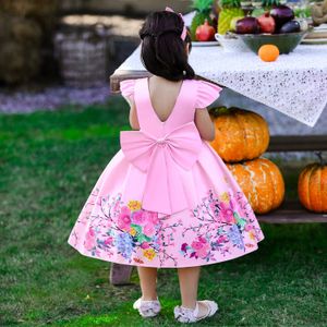 Robes de fille Printemps nouvelle robe de mariée à fleurs imprimées pour filles robe de princesse enfants robe de demoiselle d'honneur enfants robes de soirée avec nœud papillon 1-10 ans