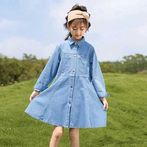Vestidos de niña Primavera Teeange Niños Vestido de mezclilla para niñas Azul Cuello vuelto Manga larga con cinturón 4-15 años Ropa de niña R230607