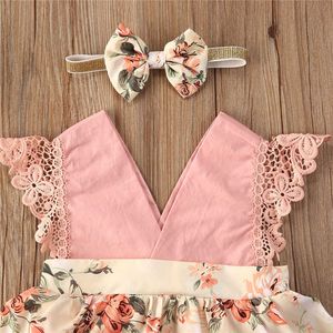 Robes de fille été 0-24M nouveau-né infantile bébé filles barboteuse robe florale sans manches col rose princesse combinaisons bandeau ensemble