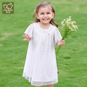 Girl's jurken zomer 2-5-jarige meisjesjurk stevige kleur schattig zoete high-end kinderen kleding ronde ronde nek bloem mouw jurken wit blauw jurkensl2404