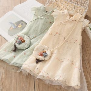 Robes de fille d'été 3 4 5 6 7 8 9 10 11 12 ans Style Han chinois Hanfu Fly manches dentelle Cheongsam robes avec sac pour enfants bébé filles 220908