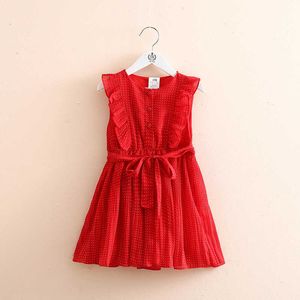 Robes de fille été 3 4 5 6 7 8 9 10 12 ans enfants bouton ceinture ceinture sans manches rouge coton doublure robe en mousseline de soie pour enfants bébé fille