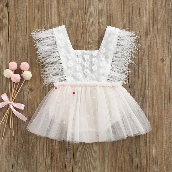 Vestidos de niña Vestido de bebé de verano Ropa para niños pequeños Princesa Niñas Elegante Pluma Borla Floral Encaje Perla Monos Tul Fiesta