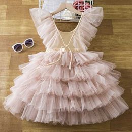 Vestidos de niña Summer Baby Girl Drens Dress Lace Princess V-Back Mesh Mesh Vestido Ceremonía Ceremonia Fiesta de boda Fiesta de boda D240515