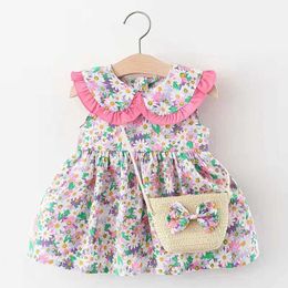 Meisjesjurken zomer babymeisje jurk mouwloze poppenhals prinses jurk+boog wrap verjaardagsfeestje kleding schattige bloemprint kinderkleding A1105L240508