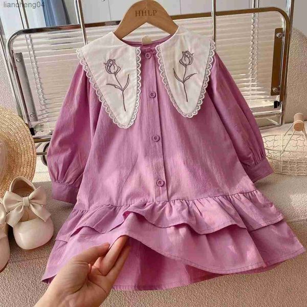 Vestidos de niña Verano Bebé Niña Nuevo Vestido Algodón Lino Grande Turn Down Collar Princesa Vestidos Niños Estilo Coreano Niños Ropa Casual