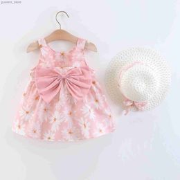 Robes de fille Été bébé fille bracelet nouveau-né robe petite marguerite arc bébé robe princesse fille fille fille porte vient avec le même chapeau y240415y240417ti8w