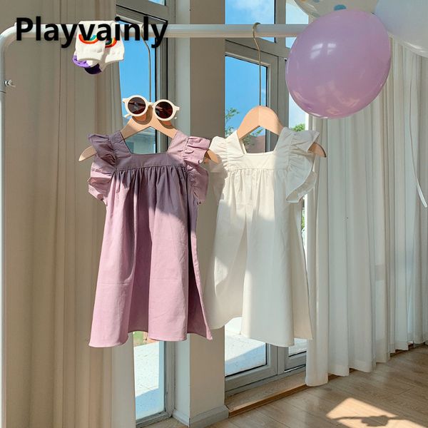 Robes de fille d'été bébé fille robe de princesse blanc / violet rose col carré à volants manches évasées robe en coton enfants vêtements décontractés E3337 230609