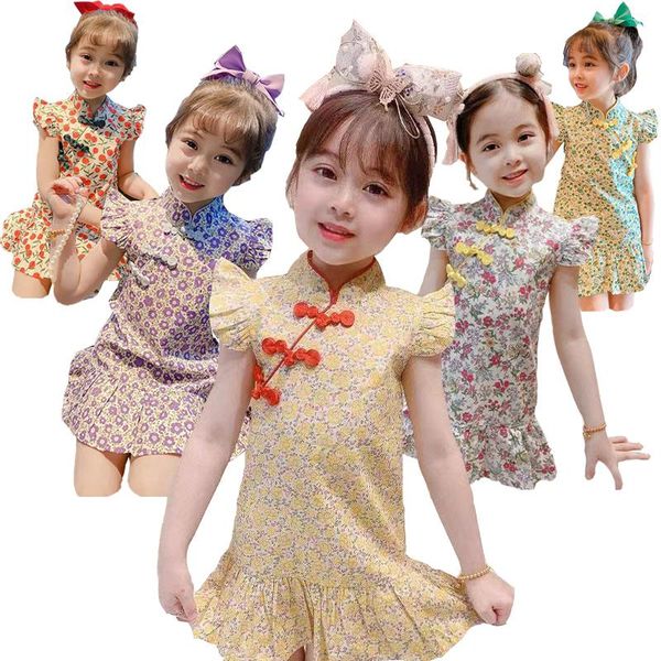 Robes de fille d'été bébé fille Qipao enfant Style chinois Cheongsam noeud bouton enfant Costume ethnique traditionnel mignon manches volantes Floral Dr