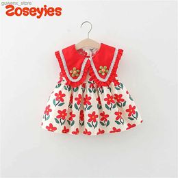 Girl's jurken zomer babymeisjes jurk nieuwe kant grote polo gefragmenteerde bloemen mouwloze dagelijkse knielengte jurk y240415y240417wnc9