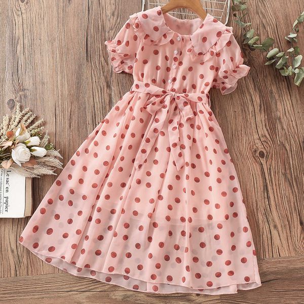 Vestidos de niña, vestidos de gasa de verano con puntos rosas para niñas, ropa de manga corta para bebés, vestido elegante para niños, disfraces de 9 años