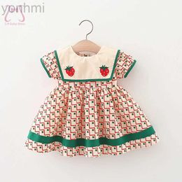 Girl's jurken Summer Childrens Kleding Simple Plaid Baby Girls jurken Kort Mouw Kinderen mode marine kraag 0 tot 3 jaar oud peuterkostuum D240423