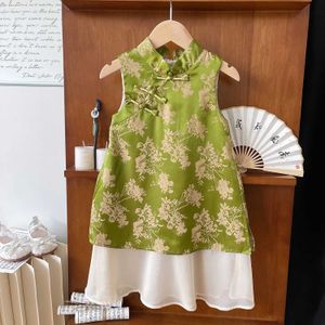 Robes de fille robe d'été 2024 Été Nouvelle jupe de style chinois Fleur Fleur Fleur Free Long Manneved Childrens Green Design Girll2405
