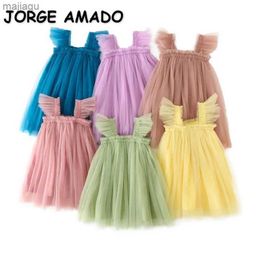 Meisjesjurken zomerjurk voor babymeisje sling mouwloos vierkante kraag geel paars roze blauw groene mesh prinses jurk kinderkleding E2200L2404