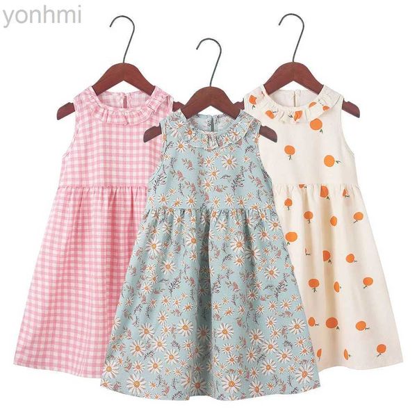 Robes de fille robes d'été pour filles enfants 2-12 ans princesse mignonne pêches florales imprimées sans manches collier de pétale tirage quotidien d240423