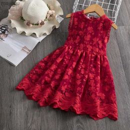 Girl's jurken zomerjurken voor meisjes mouwloze 3-8 jaar bloem kanten baby kinderen casual kleding rood nieuwjaar verjaardagsfeestje kinderen jurk2404