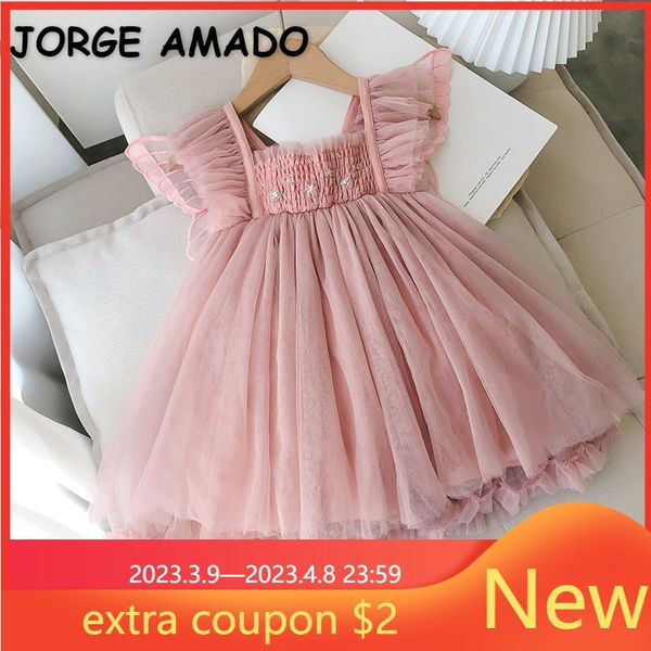 Vestidos de niña Verano para niño niña Cuello cuadrado Manga corta acampanada Rosa Espalda abierta Estilo mariposa Malla Ropa para niños E6314 230508