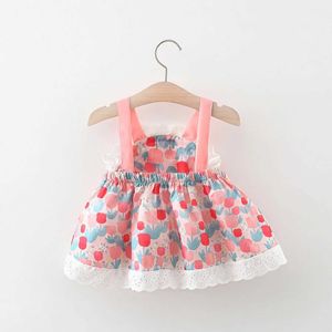 Meisjesjurken Summer Girl Jurk Baby Girl Cartoon Rabbit Flower Print Lace Princess Dress met Suspender