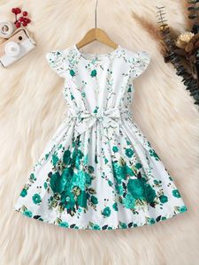 Girl's jurken Zomermeisjesjurk met groene bloemengordel en lotus mouwen modieuze betaalbare kinderen kleding 4-7y D240515