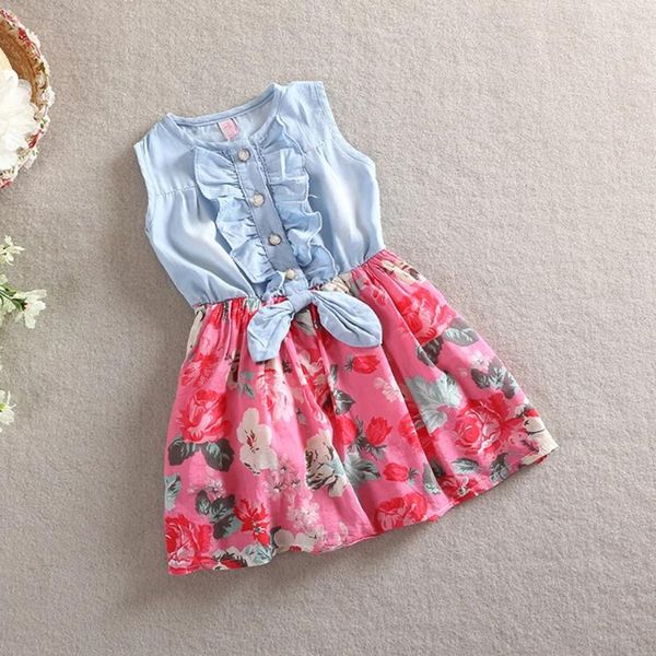 Vestidos de niña Verano Niñas Vestido floral de mezclilla Fiesta de cumpleaños Niños Empalme Ropa casual Arco Volante Bebé Niña Niños Moda OutfitGirl