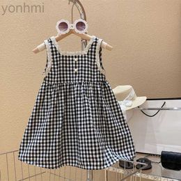 Robes de fille Summer Girls Robe-Trimmed Sweet Black and White White Checker Princess Sans mange-sail