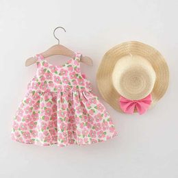 Robes de fille Summer Girls Robe Str Hat Two-Piece Set Baby Girl Full of Cartoon Peach Blossom Big Bow Suspender Princess Jupe