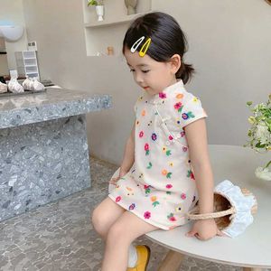 Girl's jurken zomermeisjes kleedt kleurrijke bloem geborduurde gaasjurk cheongsam 2023 nieuwe baby kinderkleding Chinese stijl kinderen slijtage